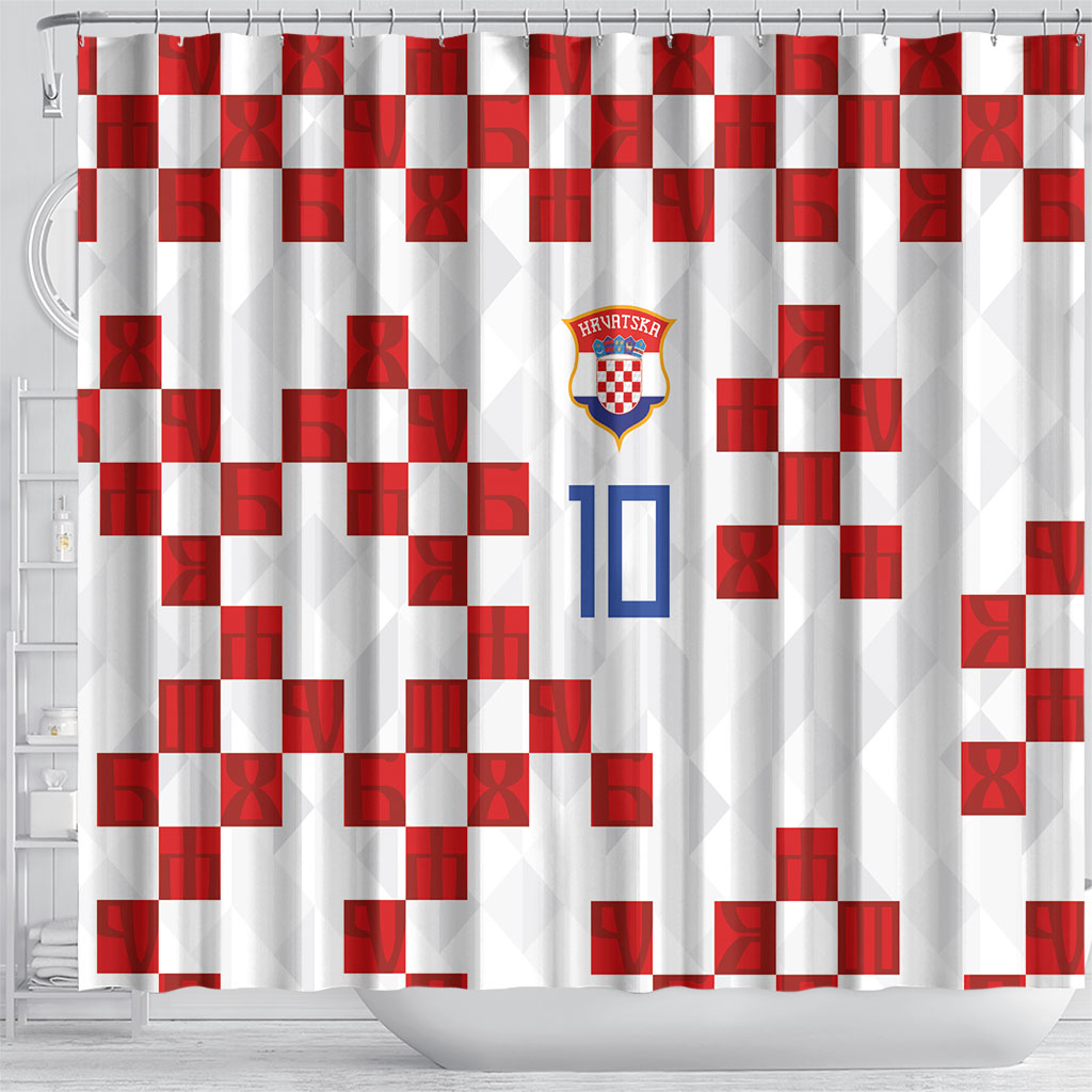 Custom Croatia National Football Shower Curtain Red Checkerboard Glagolitic Script Geometric Pattern Art