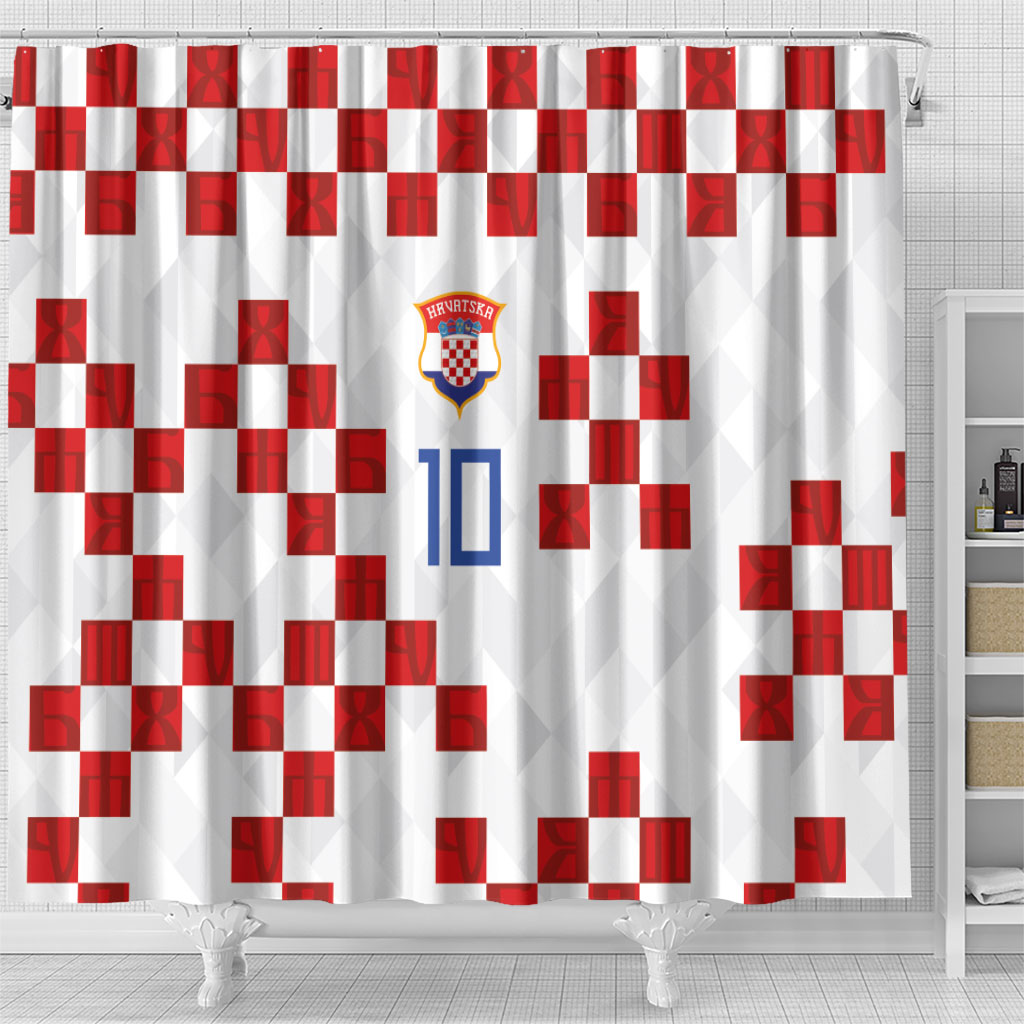 Custom Croatia National Football Shower Curtain Red Checkerboard Glagolitic Script Geometric Pattern Art