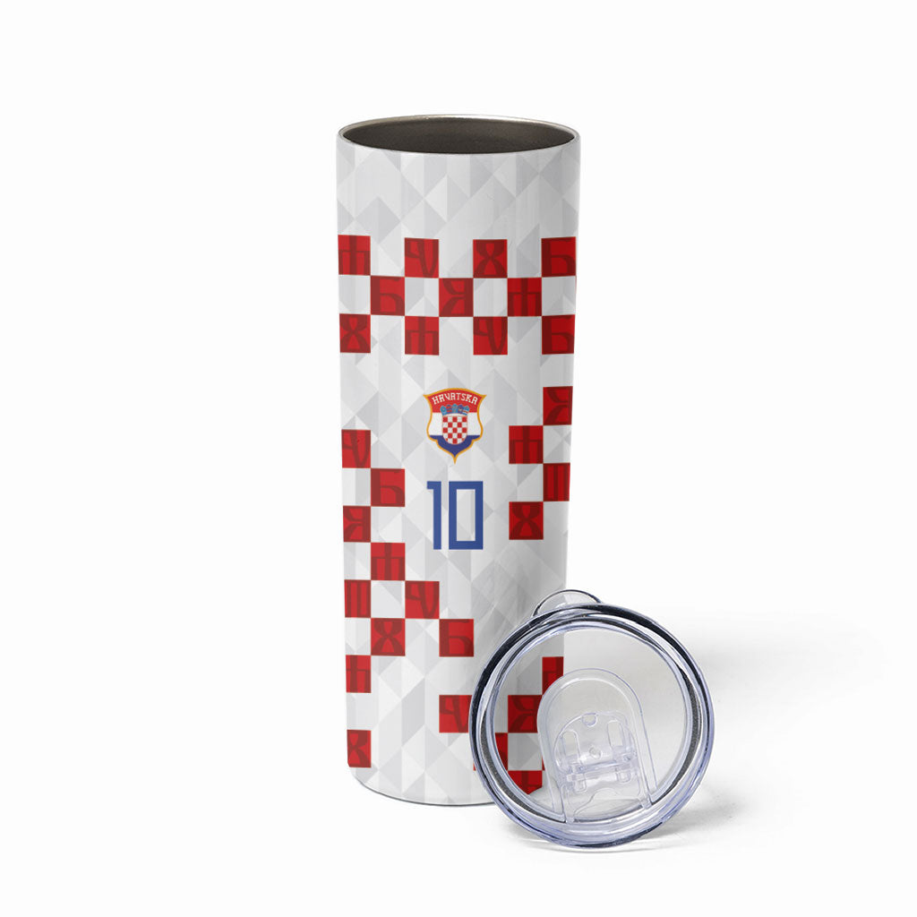 Custom Croatia National Football Skinny Tumbler Red Checkerboard Glagolitic Script Geometric Pattern Art