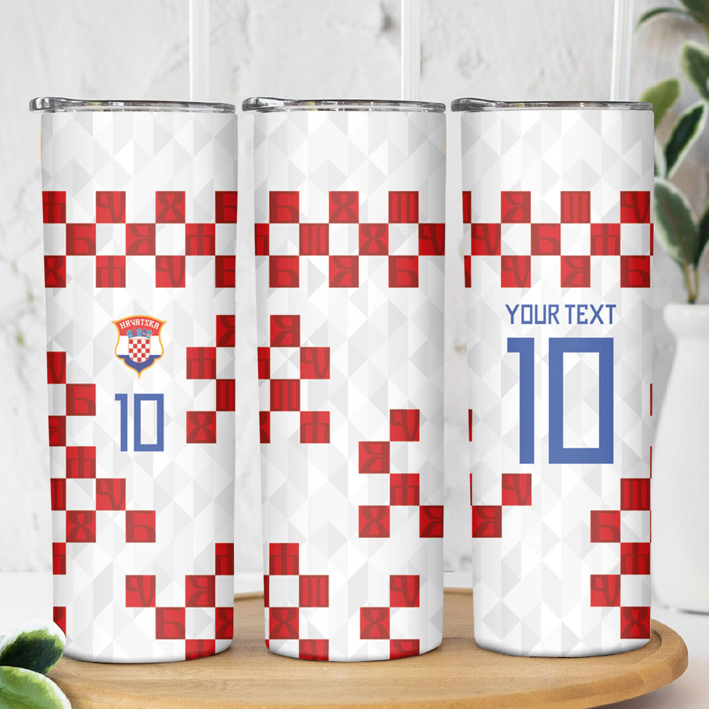 Custom Croatia National Football Skinny Tumbler Red Checkerboard Glagolitic Script Geometric Pattern Art