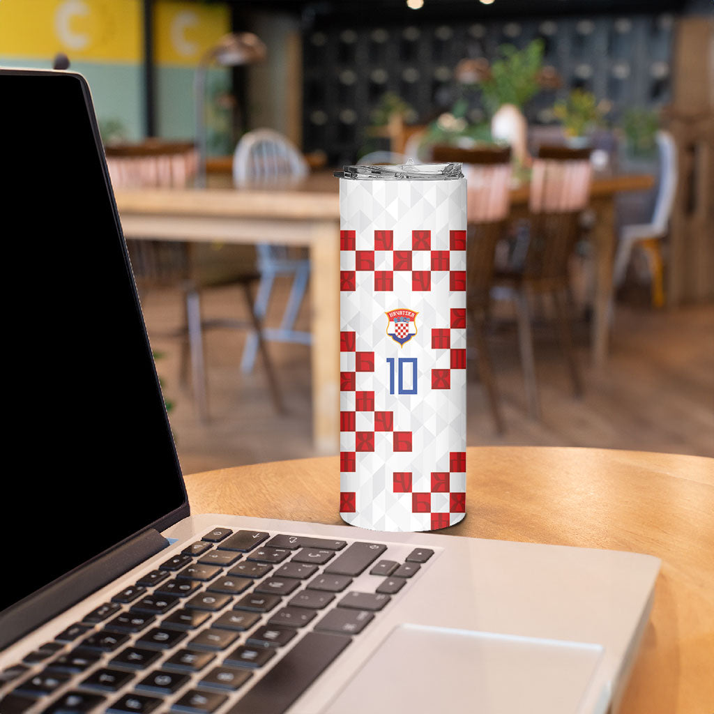 Custom Croatia National Football Skinny Tumbler Red Checkerboard Glagolitic Script Geometric Pattern Art
