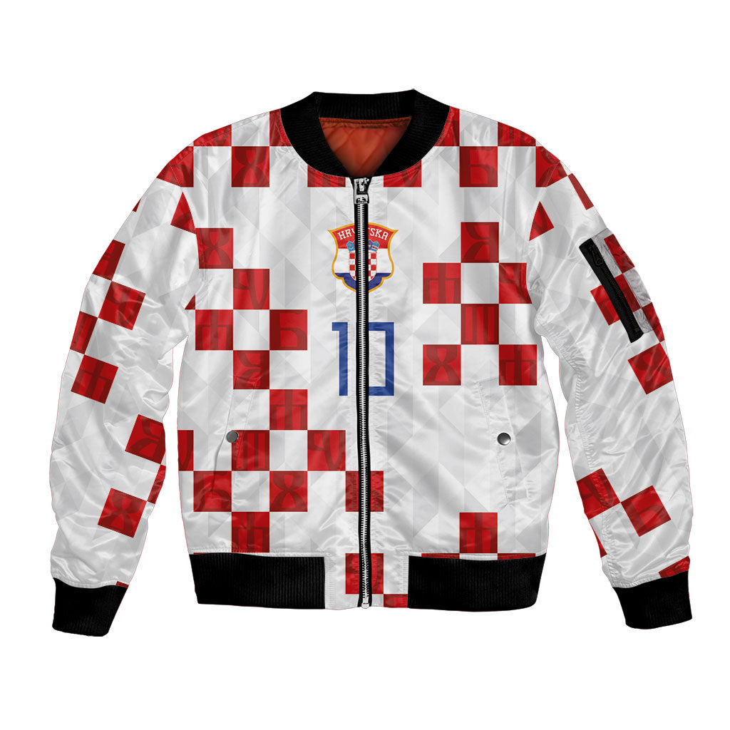 Custom Croatia National Football Sleeve Zip Bomber Jacket Red Checkerboard Glagolitic Script Geometric Pattern Art