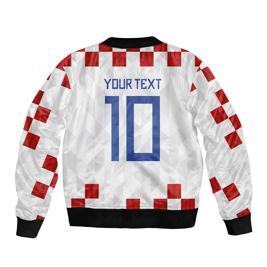 Custom Croatia National Football Sleeve Zip Bomber Jacket Red Checkerboard Glagolitic Script Geometric Pattern Art