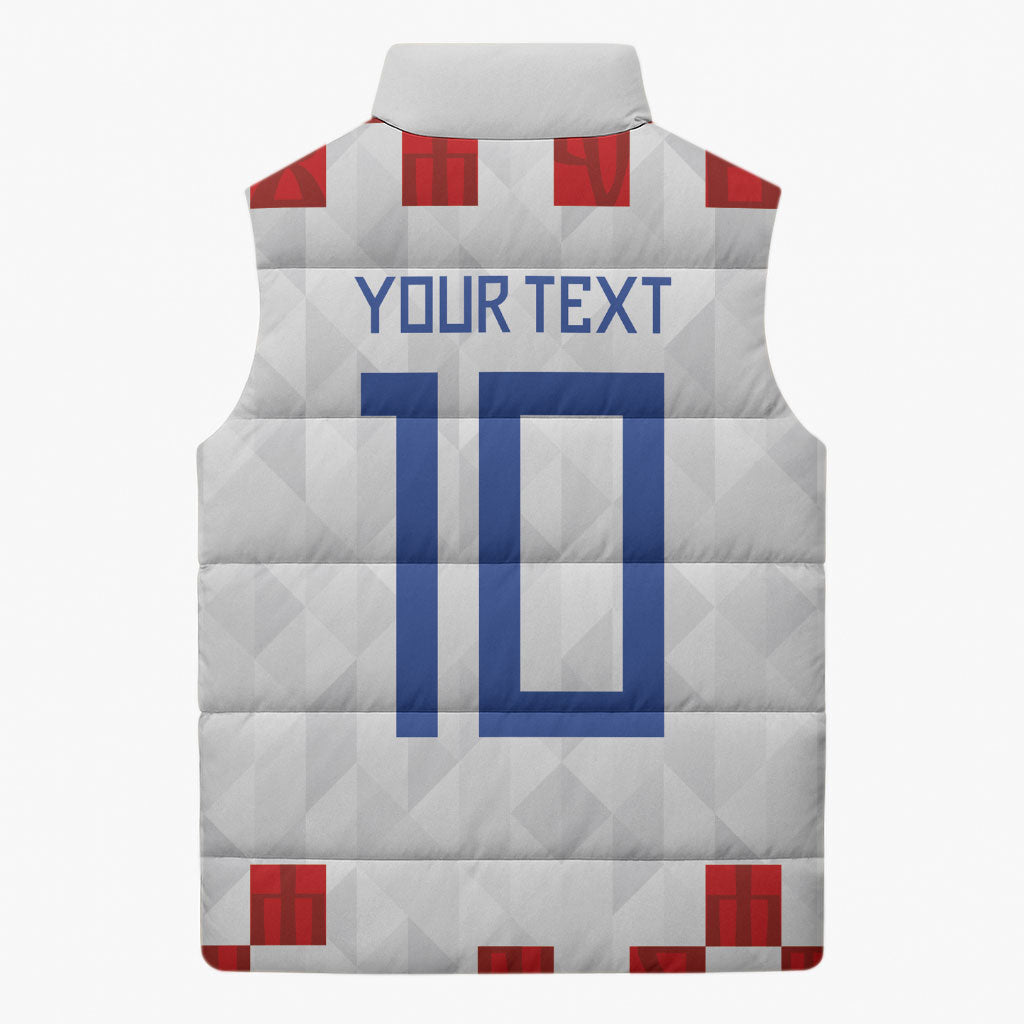 Custom Croatia National Football Sleeveless Puffer Jacket Red Checkerboard Glagolitic Script Geometric Pattern Art