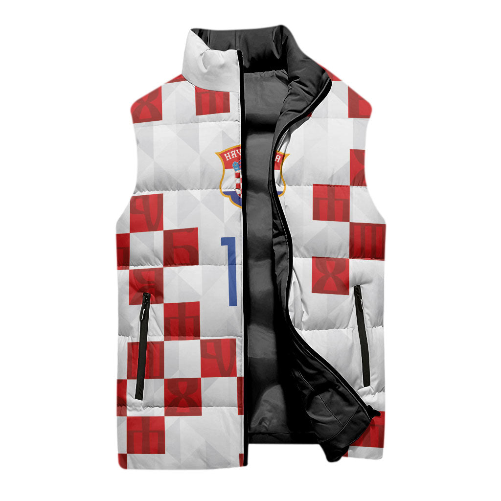 Custom Croatia National Football Sleeveless Puffer Jacket Red Checkerboard Glagolitic Script Geometric Pattern Art