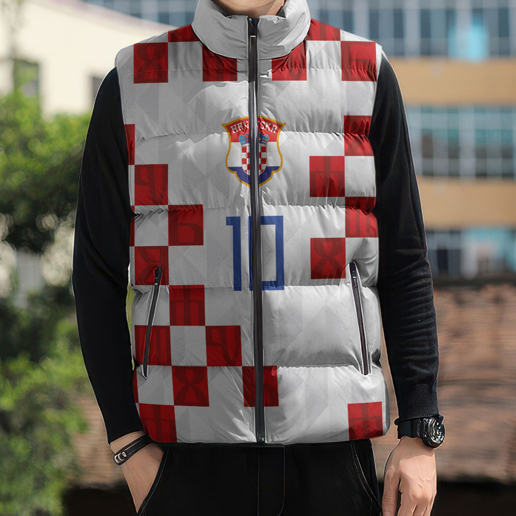 Custom Croatia National Football Sleeveless Puffer Jacket Red Checkerboard Glagolitic Script Geometric Pattern Art