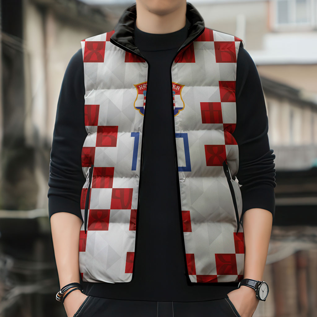 Custom Croatia National Football Sleeveless Puffer Jacket Red Checkerboard Glagolitic Script Geometric Pattern Art