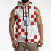 Custom Croatia National Football Sleeveless Zip Hoodie Red Checkerboard Glagolitic Script Geometric Pattern Art