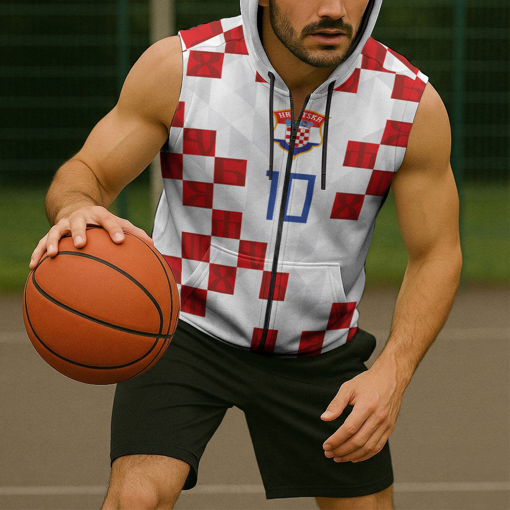 Custom Croatia National Football Sleeveless Zip Hoodie Red Checkerboard Glagolitic Script Geometric Pattern Art