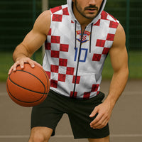 Custom Croatia National Football Sleeveless Zip Hoodie Red Checkerboard Glagolitic Script Geometric Pattern Art