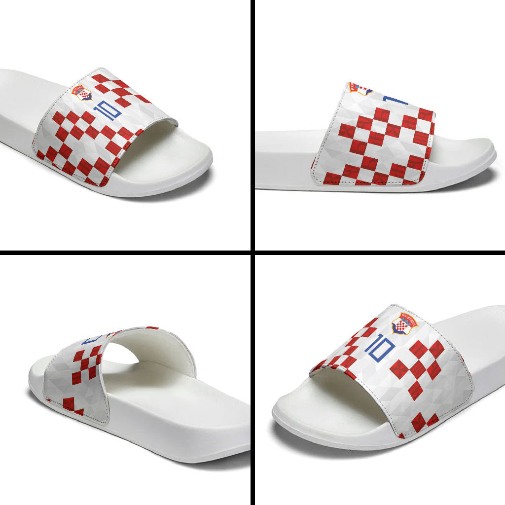 Custom Croatia National Football Slide Sandals Red Checkerboard Glagolitic Script Geometric Pattern Art