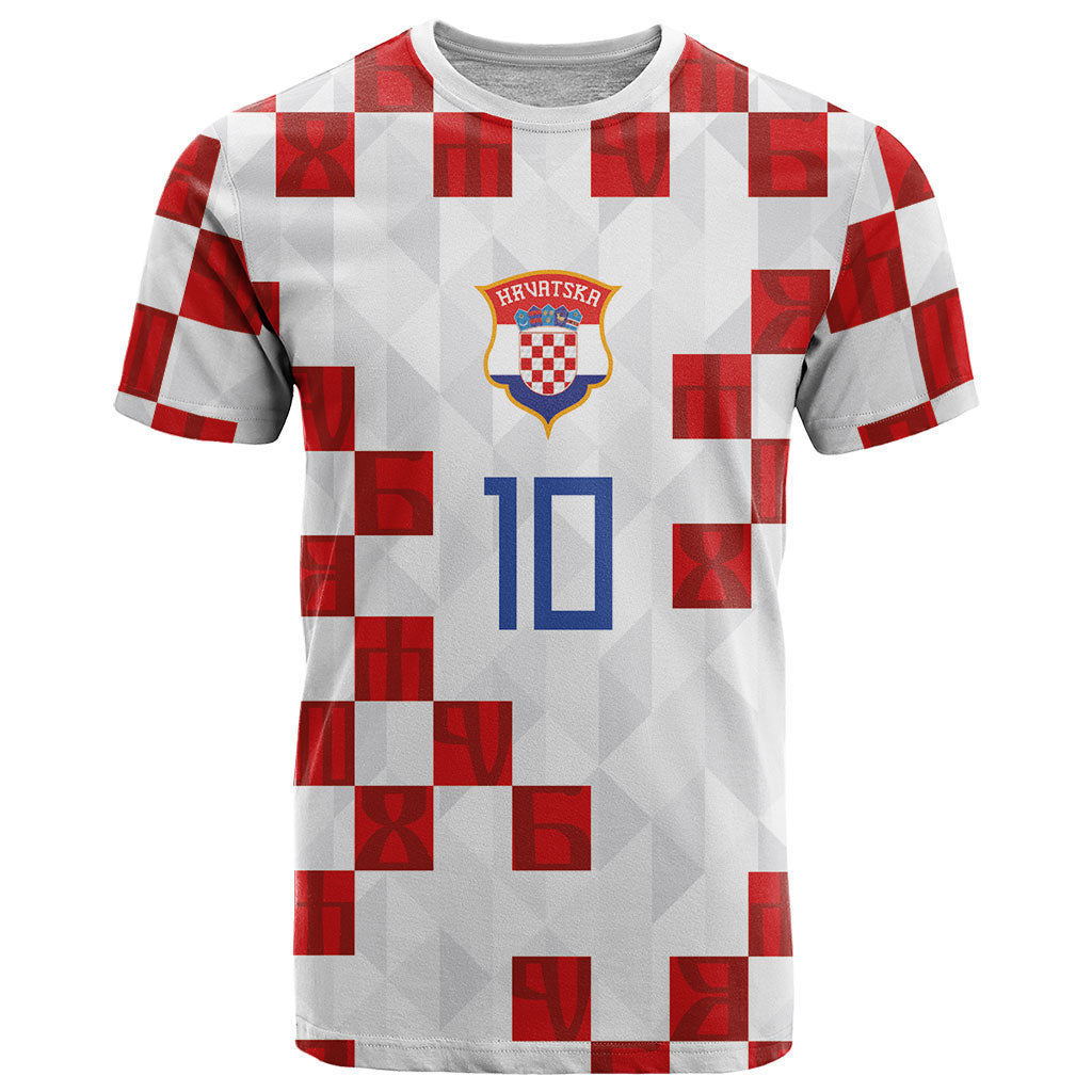 Custom Croatia National Football T Shirt Red Checkerboard Glagolitic Script Geometric Pattern Art