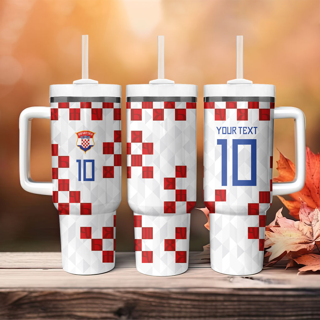 Custom Croatia National Football Tumbler With Handle Red Checkerboard Glagolitic Script Geometric Pattern Art