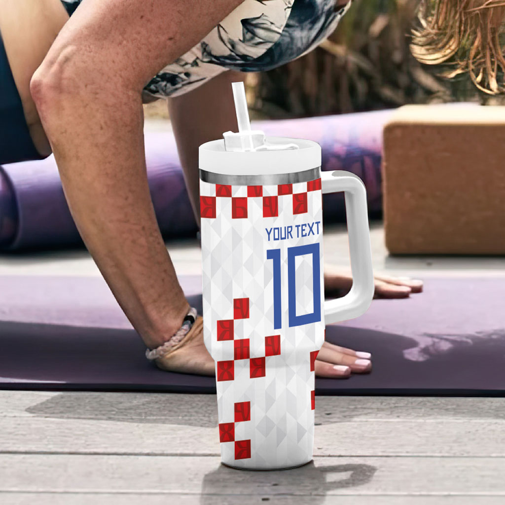 Custom Croatia National Football Tumbler With Handle Red Checkerboard Glagolitic Script Geometric Pattern Art