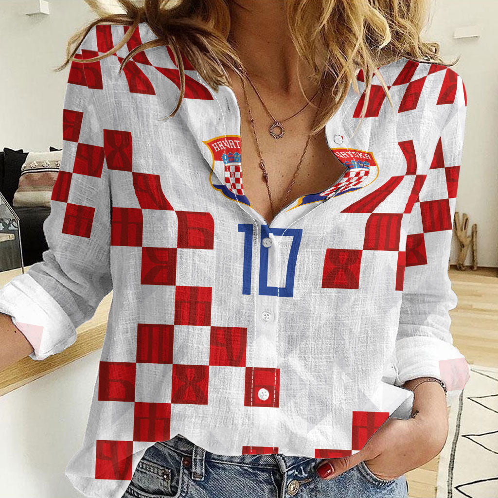 Custom Croatia National Football Women Casual Shirt Red Checkerboard Glagolitic Script Geometric Pattern Art