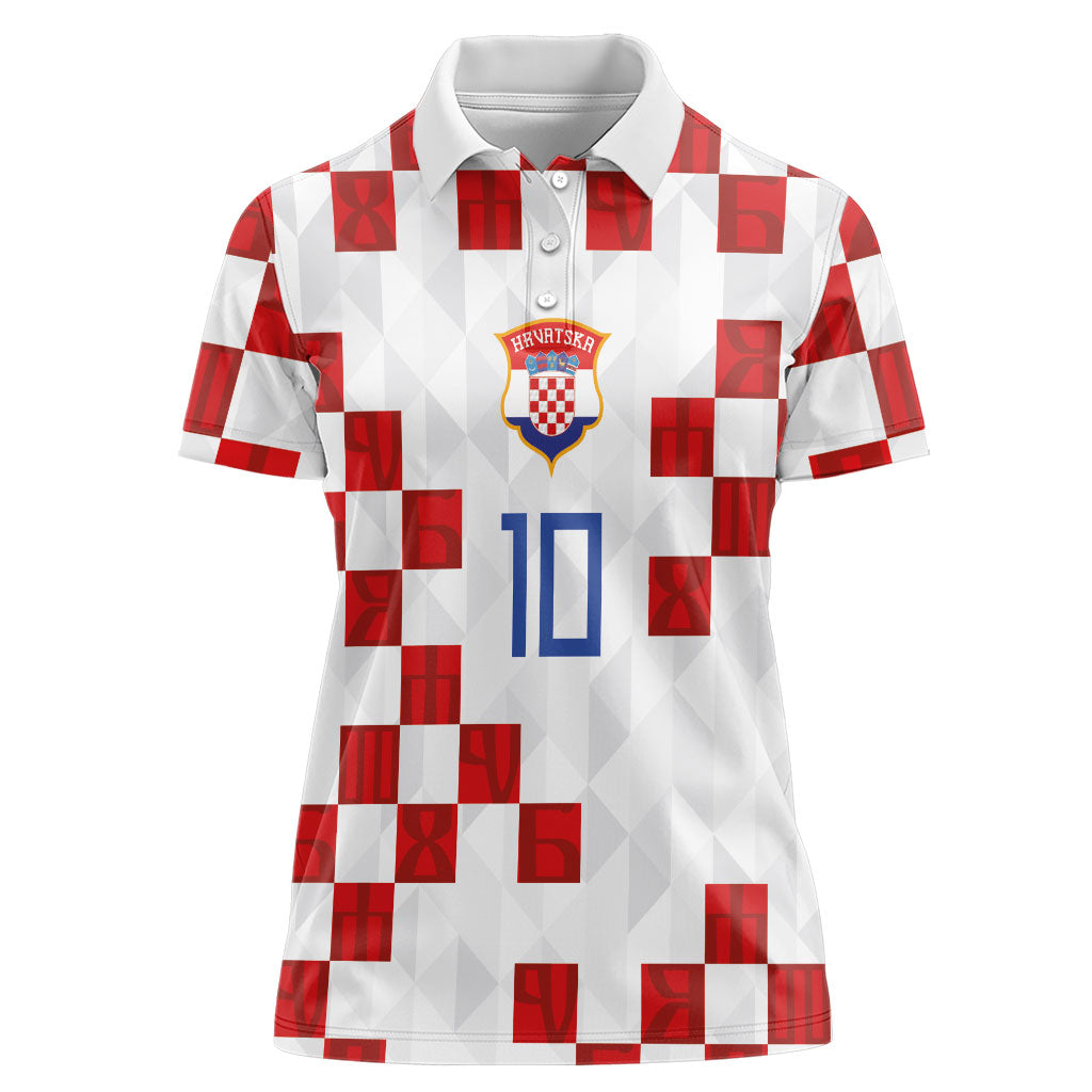 Custom Croatia National Football Women Polo Shirt Red Checkerboard Glagolitic Script Geometric Pattern Art
