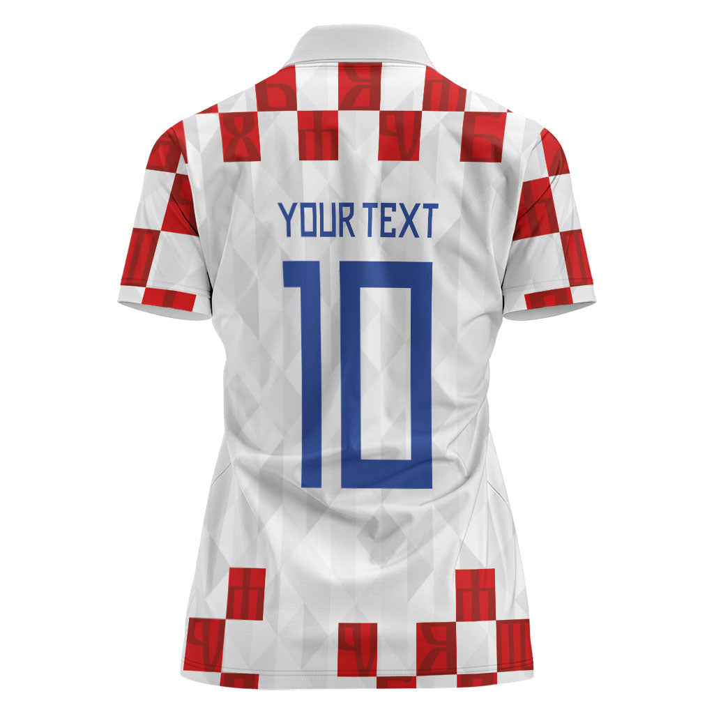 Custom Croatia National Football Women Polo Shirt Red Checkerboard Glagolitic Script Geometric Pattern Art