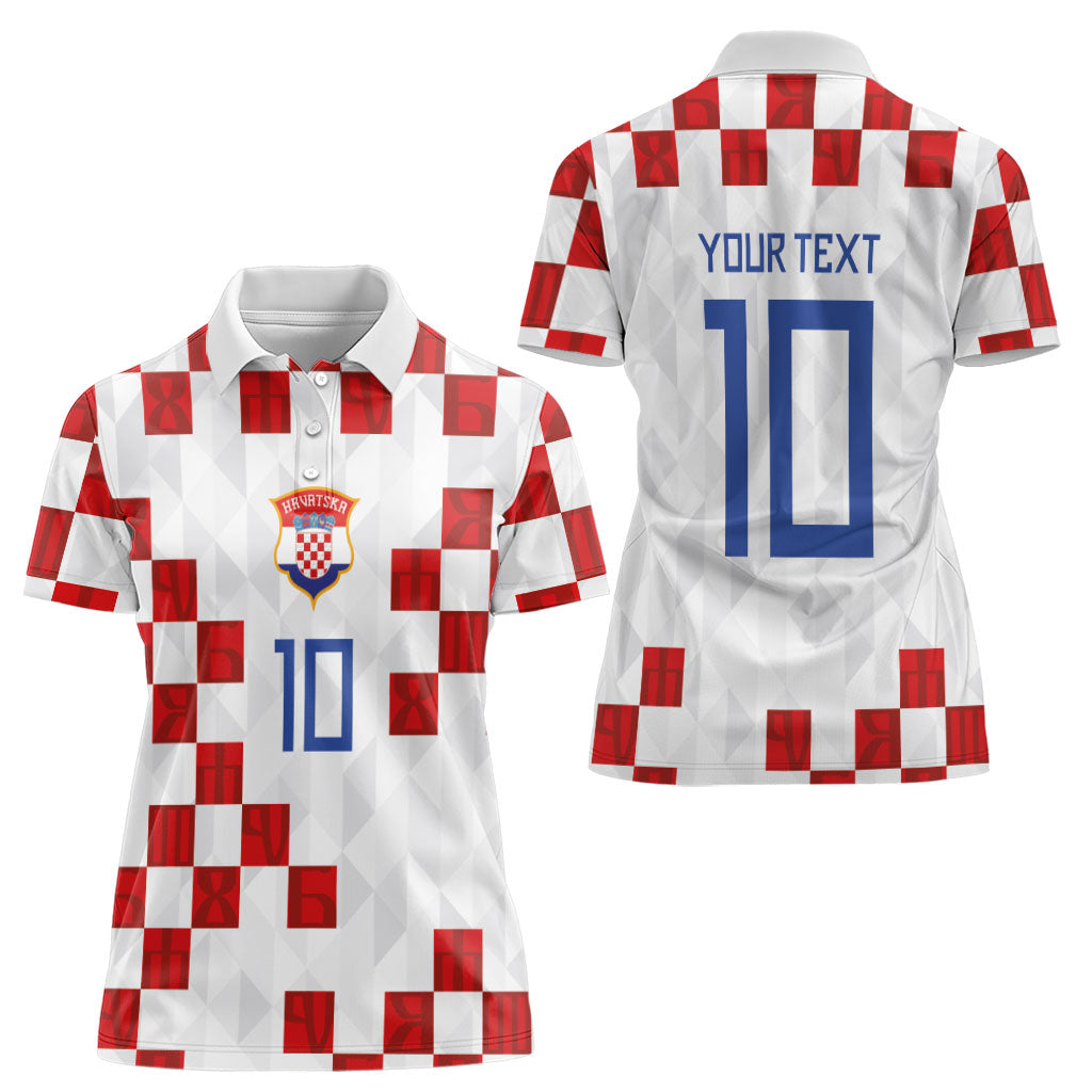 Custom Croatia National Football Women Polo Shirt Red Checkerboard Glagolitic Script Geometric Pattern Art