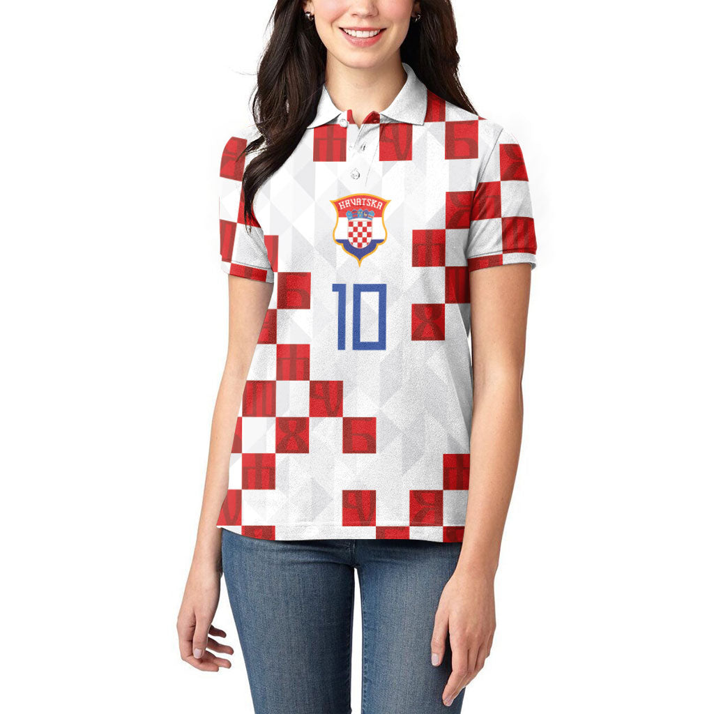 Custom Croatia National Football Women Polo Shirt Red Checkerboard Glagolitic Script Geometric Pattern Art