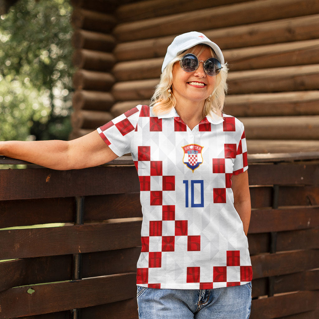 Custom Croatia National Football Women Polo Shirt Red Checkerboard Glagolitic Script Geometric Pattern Art