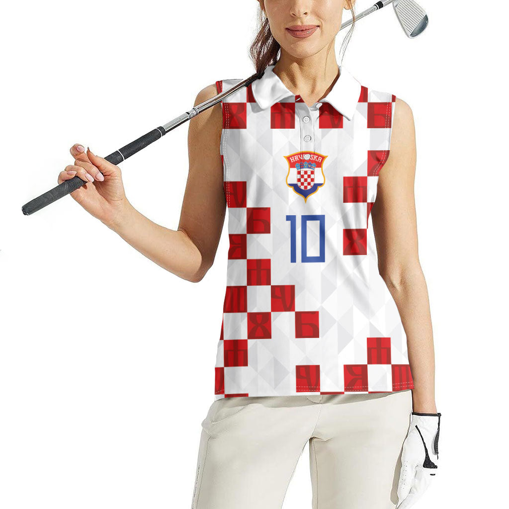 Custom Croatia National Football Women Sleeveless Polo Shirt Red Checkerboard Glagolitic Script Geometric Pattern Art