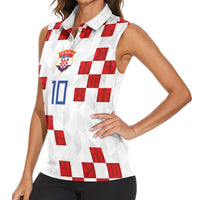 Custom Croatia National Football Women Sleeveless Polo Shirt Red Checkerboard Glagolitic Script Geometric Pattern Art