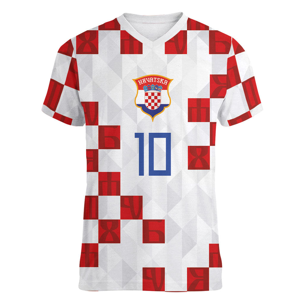 Custom Croatia National Football Women V-Neck T-Shirt Red Checkerboard Glagolitic Script Geometric Pattern Art