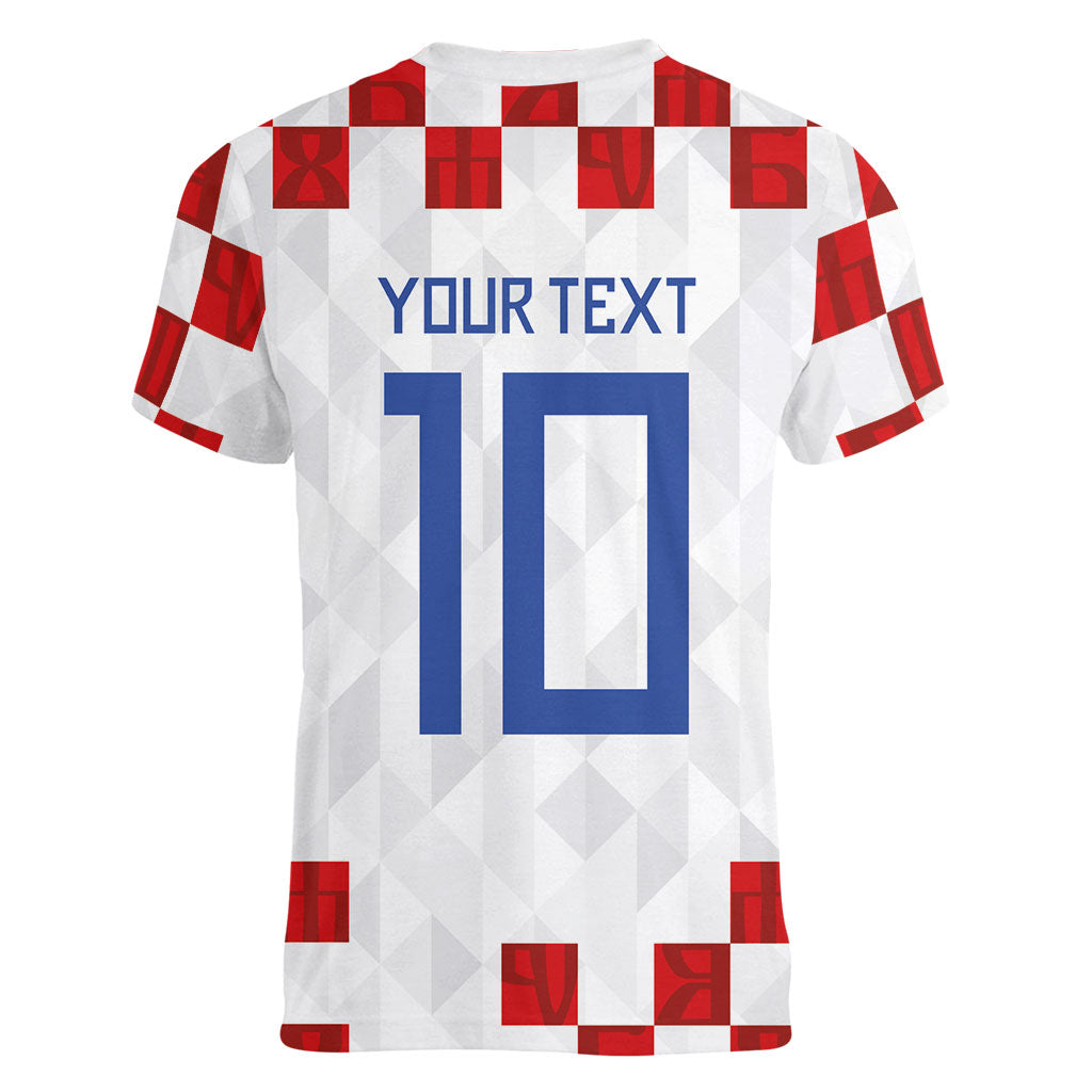 Custom Croatia National Football Women V-Neck T-Shirt Red Checkerboard Glagolitic Script Geometric Pattern Art