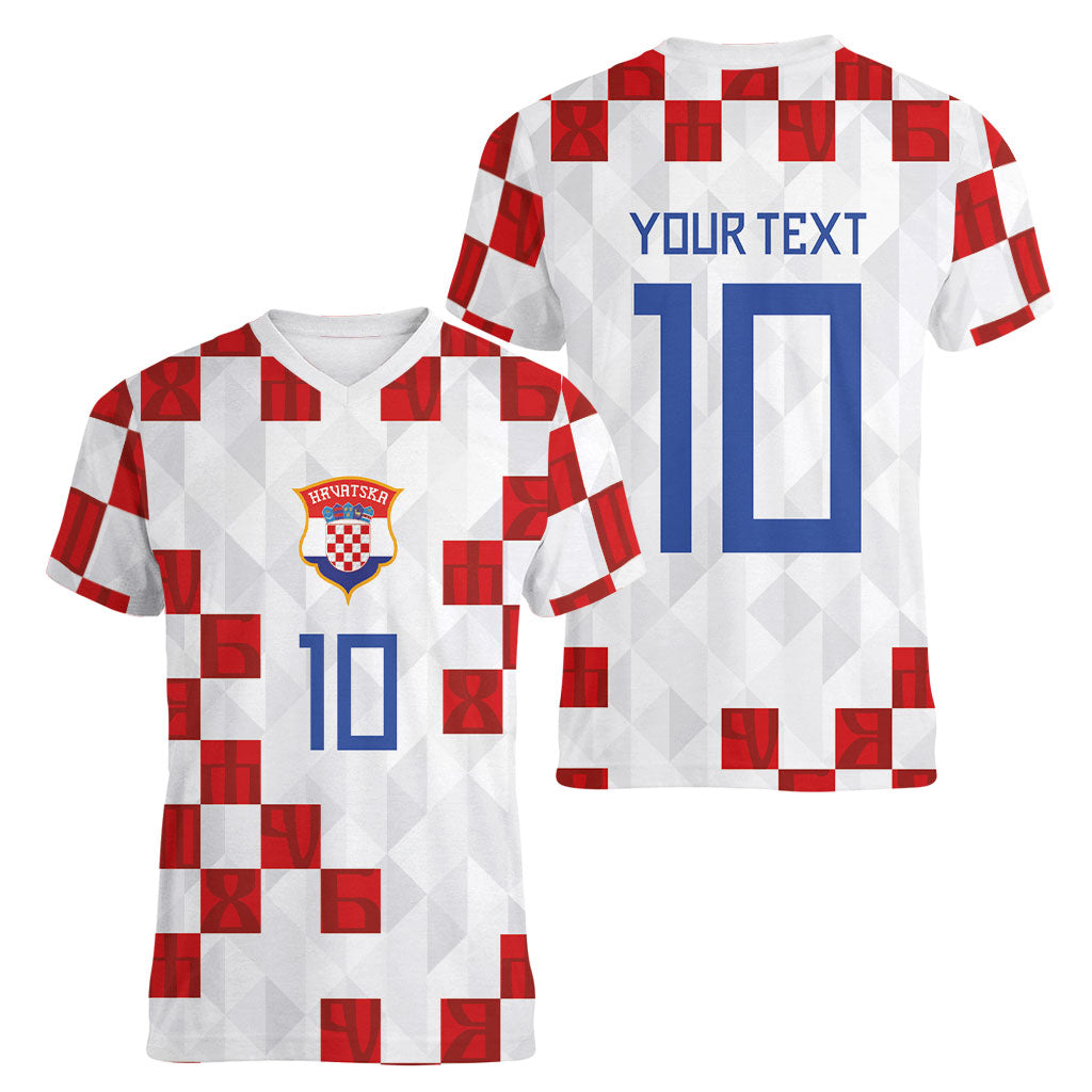 Custom Croatia National Football Women V-Neck T-Shirt Red Checkerboard Glagolitic Script Geometric Pattern Art