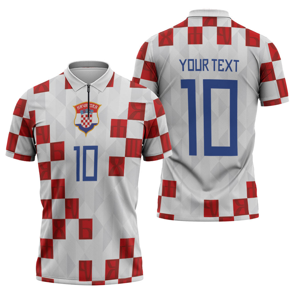 Custom Croatia National Football Zipper Polo Shirt Red Checkerboard Glagolitic Script Geometric Pattern Art
