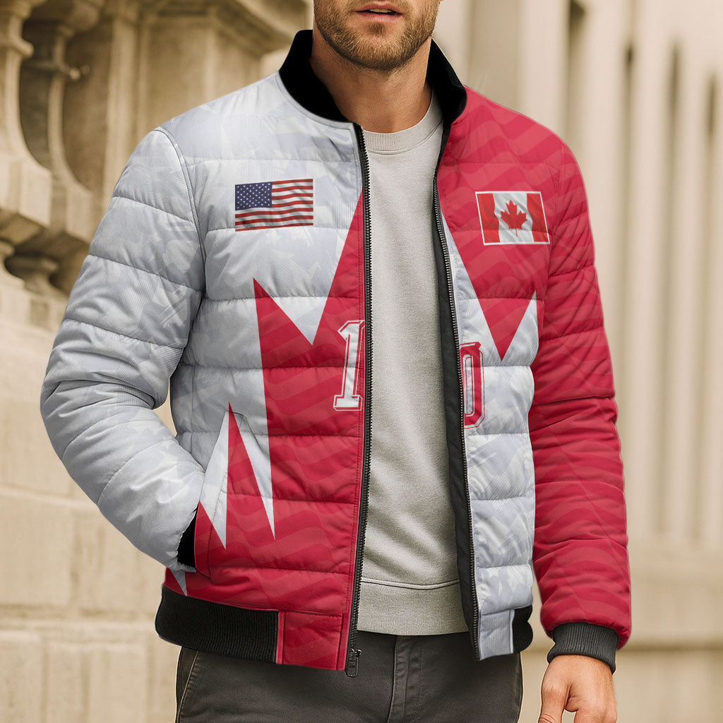 Custom USA and Canada National Football Bomber Puffer Jacket Maple Leaf Geometric and American Stripes