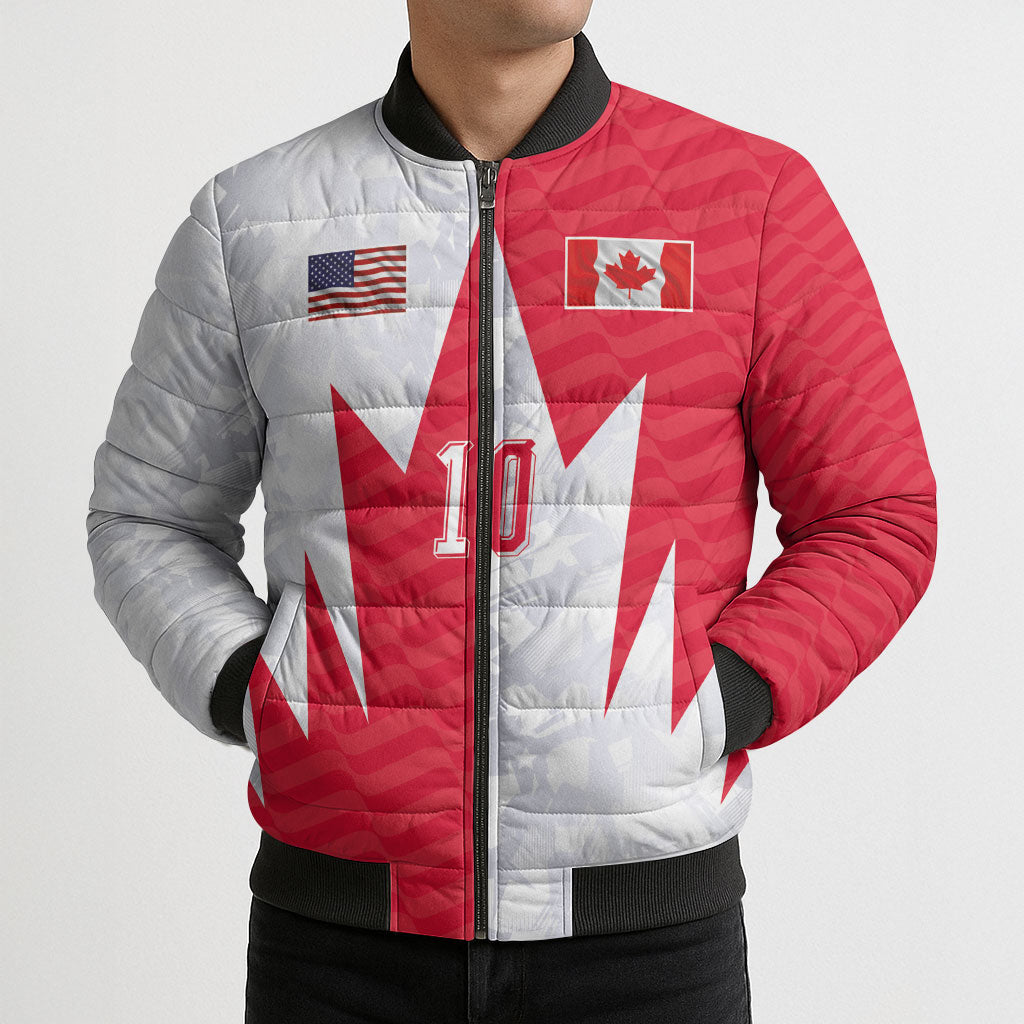 Custom USA and Canada National Football Bomber Puffer Jacket Maple Leaf Geometric and American Stripes
