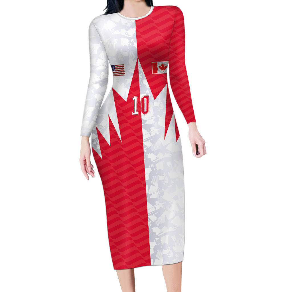 Custom USA and Canada National Football Long Sleeve Bodycon Dress Maple Leaf Geometric and American Stripes