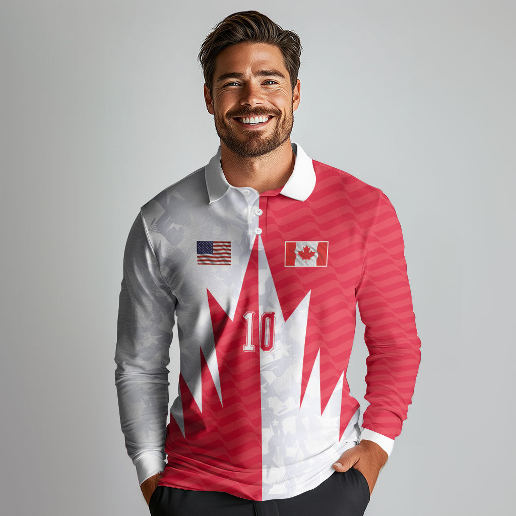 Custom USA and Canada National Football Long Sleeve Polo Shirt Maple Leaf Geometric and American Stripes
