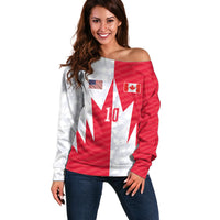 Custom USA and Canada National Football Off Shoulder Sweater Maple Leaf Geometric and American Stripes