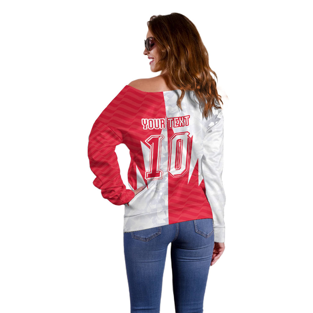 Custom USA and Canada National Football Off Shoulder Sweater Maple Leaf Geometric and American Stripes
