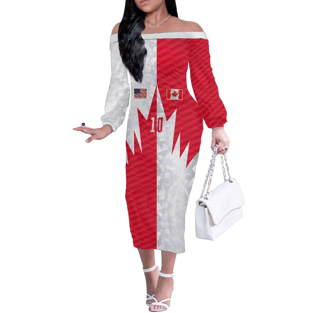 Custom USA and Canada National Football Off The Shoulder Long Sleeve Dress Maple Leaf Geometric and American Stripes