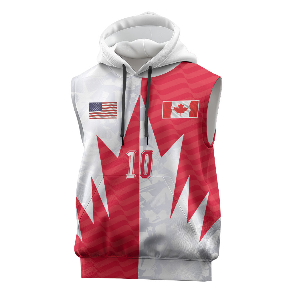Custom USA and Canada National Football Sleeveless Hoodie Maple Leaf Geometric and American Stripes