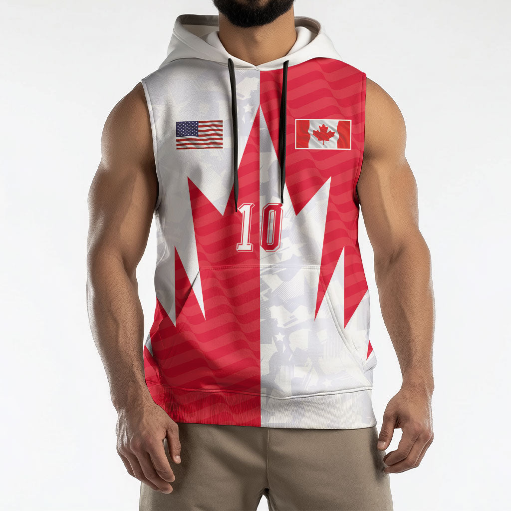 Custom USA and Canada National Football Sleeveless Hoodie Maple Leaf Geometric and American Stripes