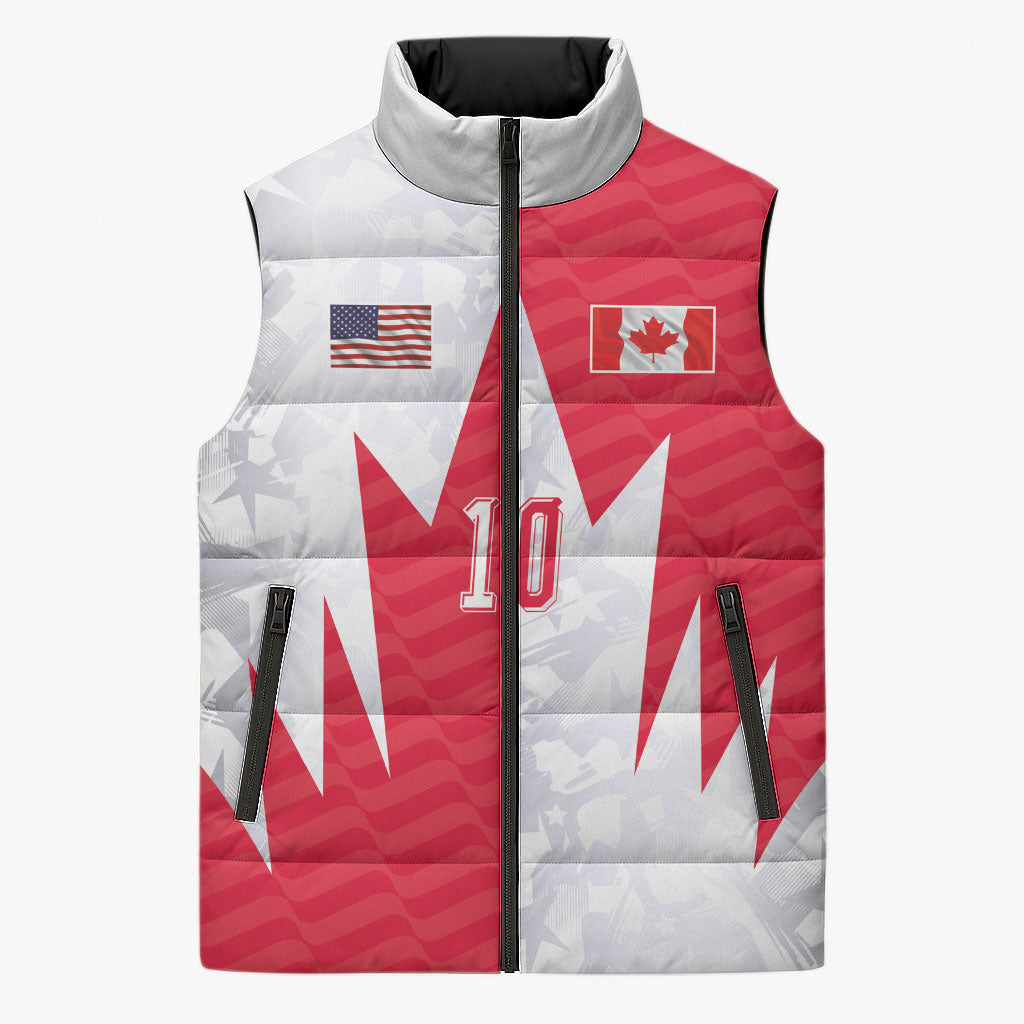 Custom USA and Canada National Football Sleeveless Puffer Jacket Maple Leaf Geometric and American Stripes