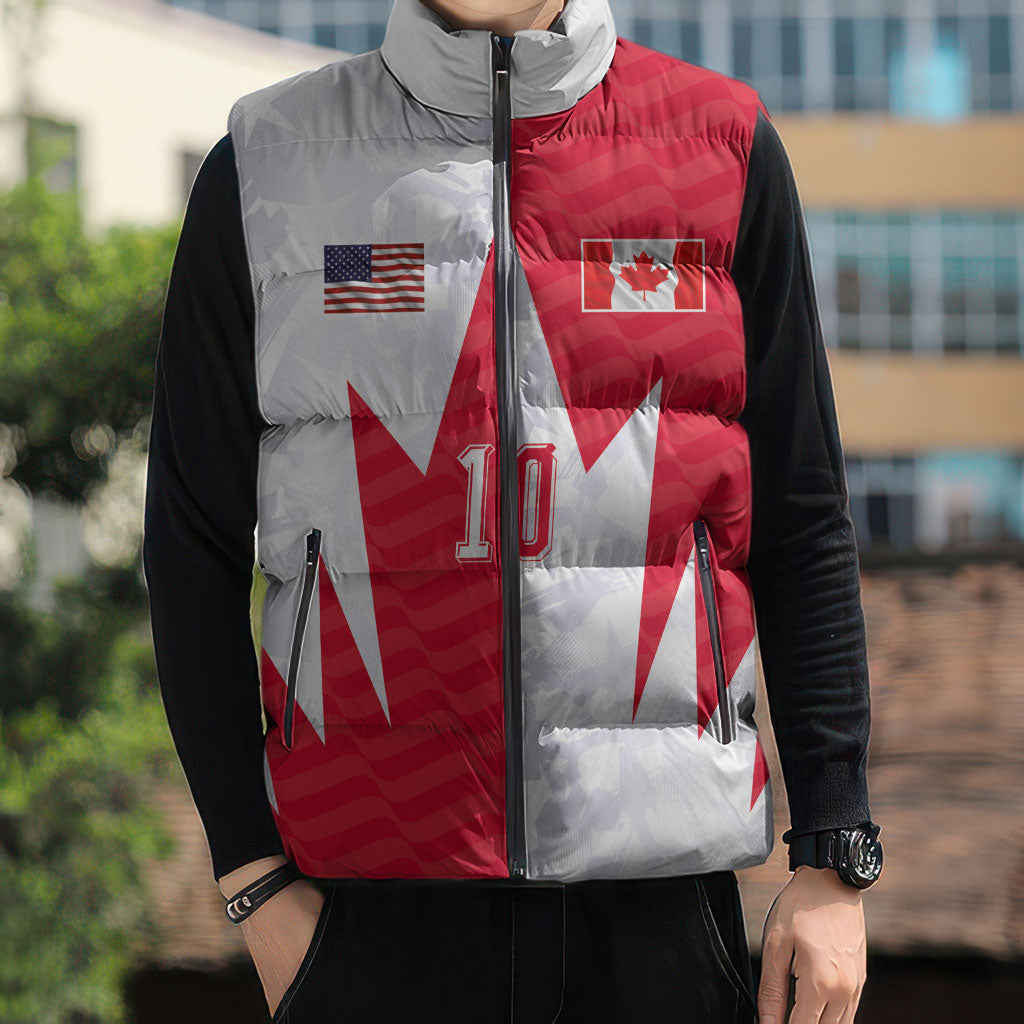 Custom USA and Canada National Football Sleeveless Puffer Jacket Maple Leaf Geometric and American Stripes