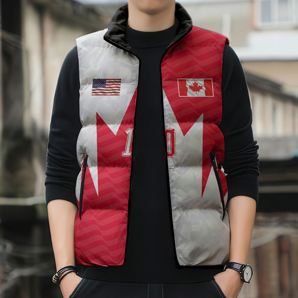Custom USA and Canada National Football Sleeveless Puffer Jacket Maple Leaf Geometric and American Stripes