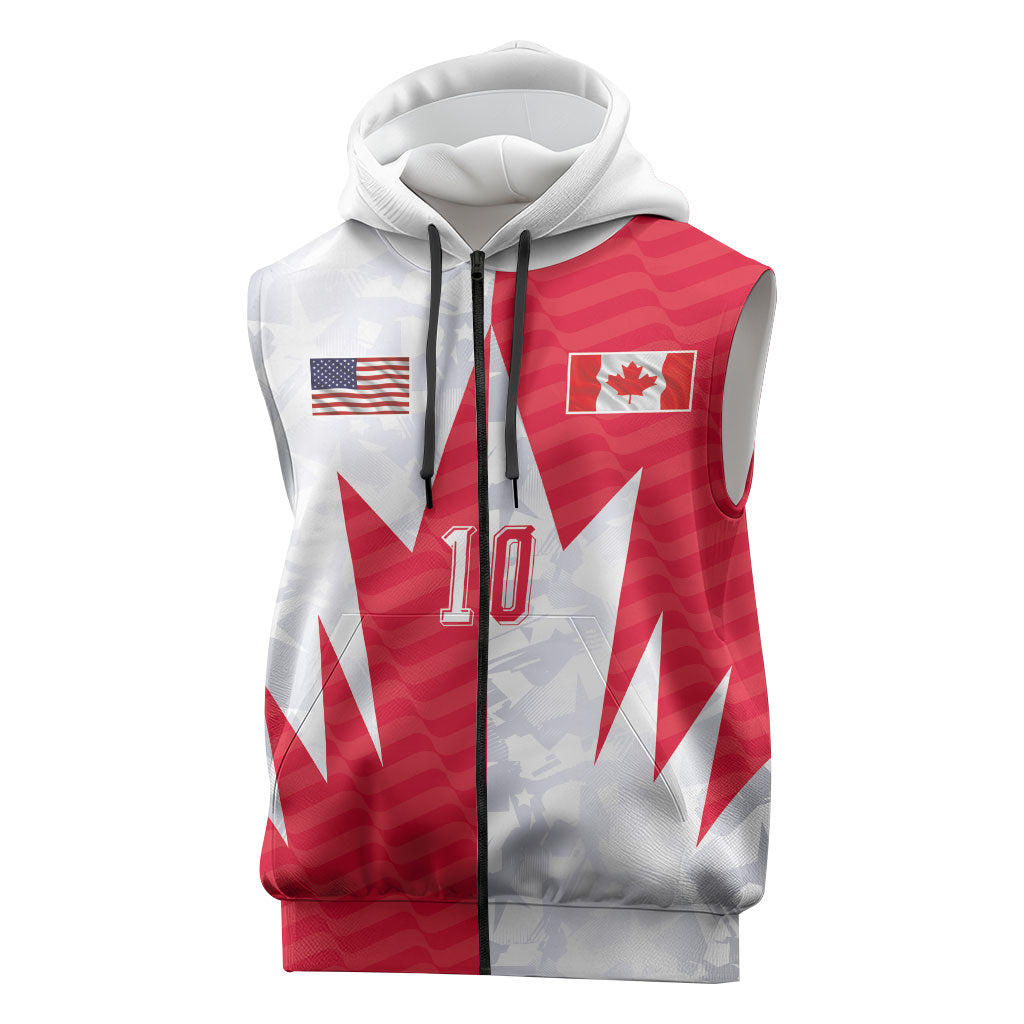 Custom USA and Canada National Football Sleeveless Zip Hoodie Maple Leaf Geometric and American Stripes
