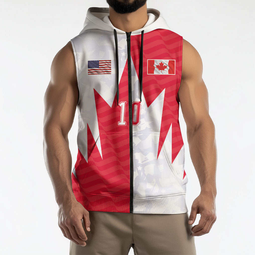 Custom USA and Canada National Football Sleeveless Zip Hoodie Maple Leaf Geometric and American Stripes