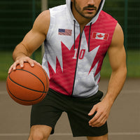 Custom USA and Canada National Football Sleeveless Zip Hoodie Maple Leaf Geometric and American Stripes