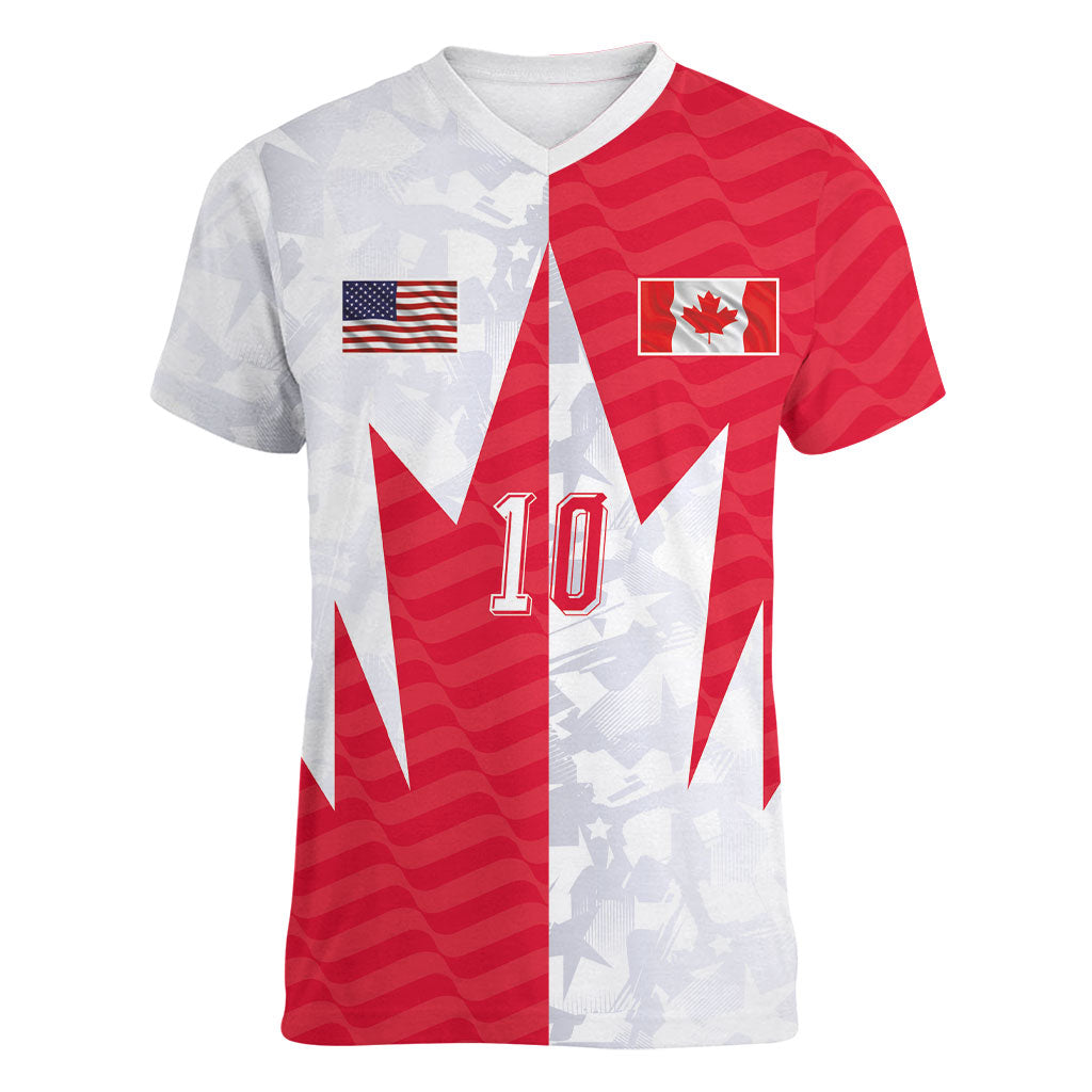 Custom USA and Canada National Football Women V-Neck T-Shirt Maple Leaf Geometric and American Stripes