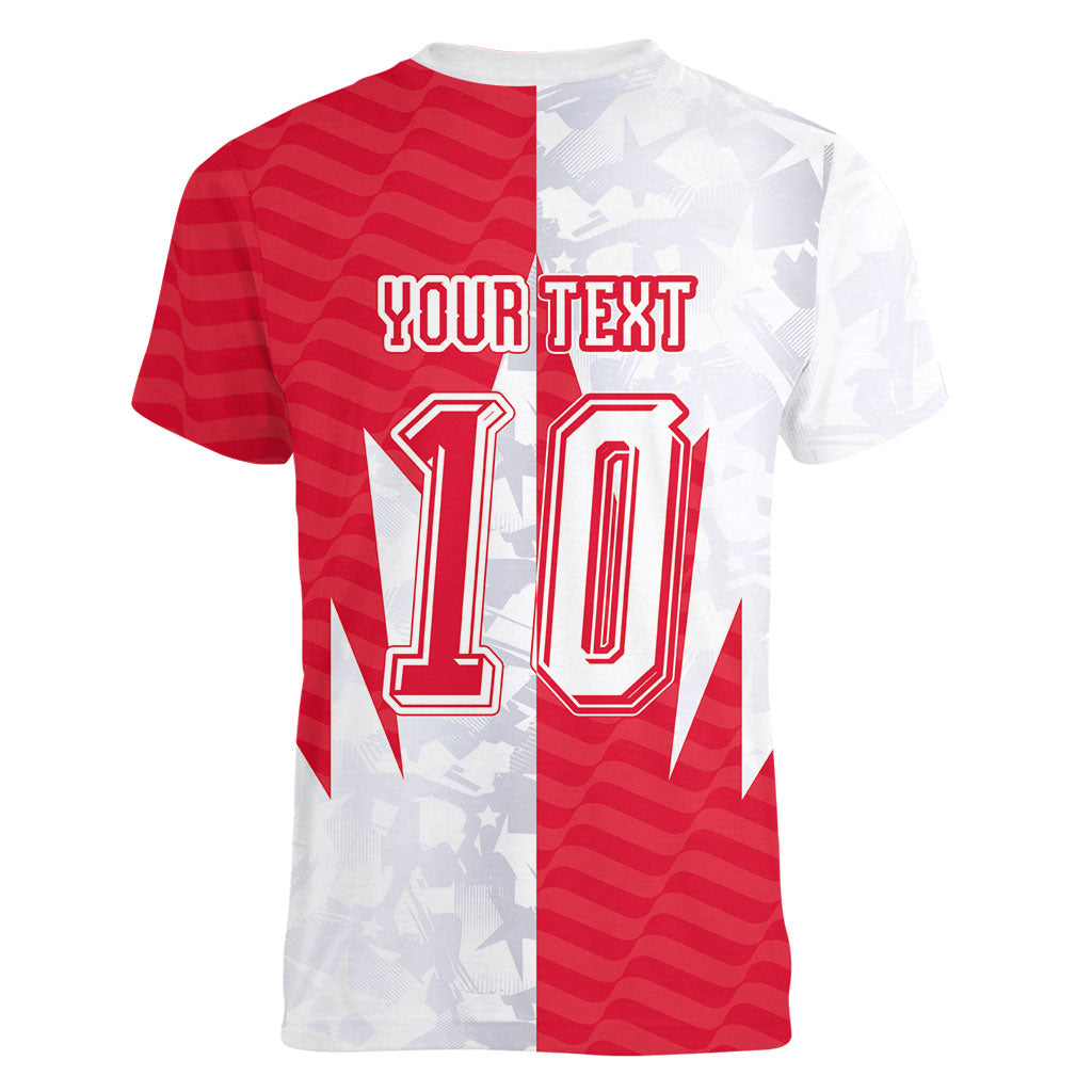 Custom USA and Canada National Football Women V-Neck T-Shirt Maple Leaf Geometric and American Stripes