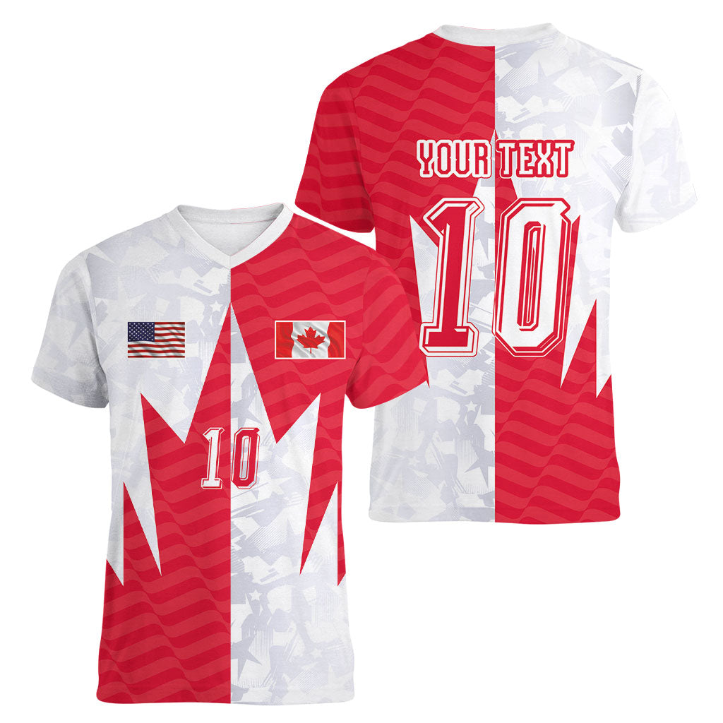 Custom USA and Canada National Football Women V-Neck T-Shirt Maple Leaf Geometric and American Stripes