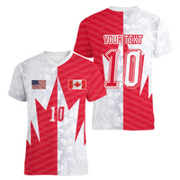 Custom USA and Canada National Football Women V-Neck T-Shirt Maple Leaf Geometric and American Stripes