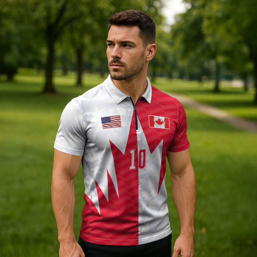 Custom USA and Canada National Football Zipper Polo Shirt Maple Leaf Geometric and American Stripes